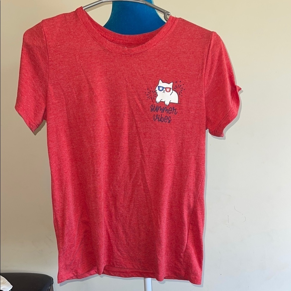 Red Short Sleeve Tee with Cat Print